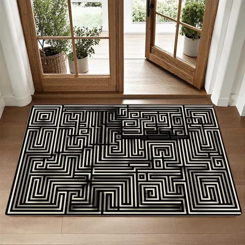 Minimalist Black White Maze Doormat Geometric Lines Soft Non-slip Rug for Bathroom Kitchen Entryway Bedrooms Living Room