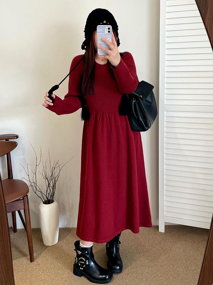 

Plus Size Women s Woolen Layered Knit Dress - Round Neck, Winter 2025 XXXL (approx. 90-110 kg) вина червоного кольору