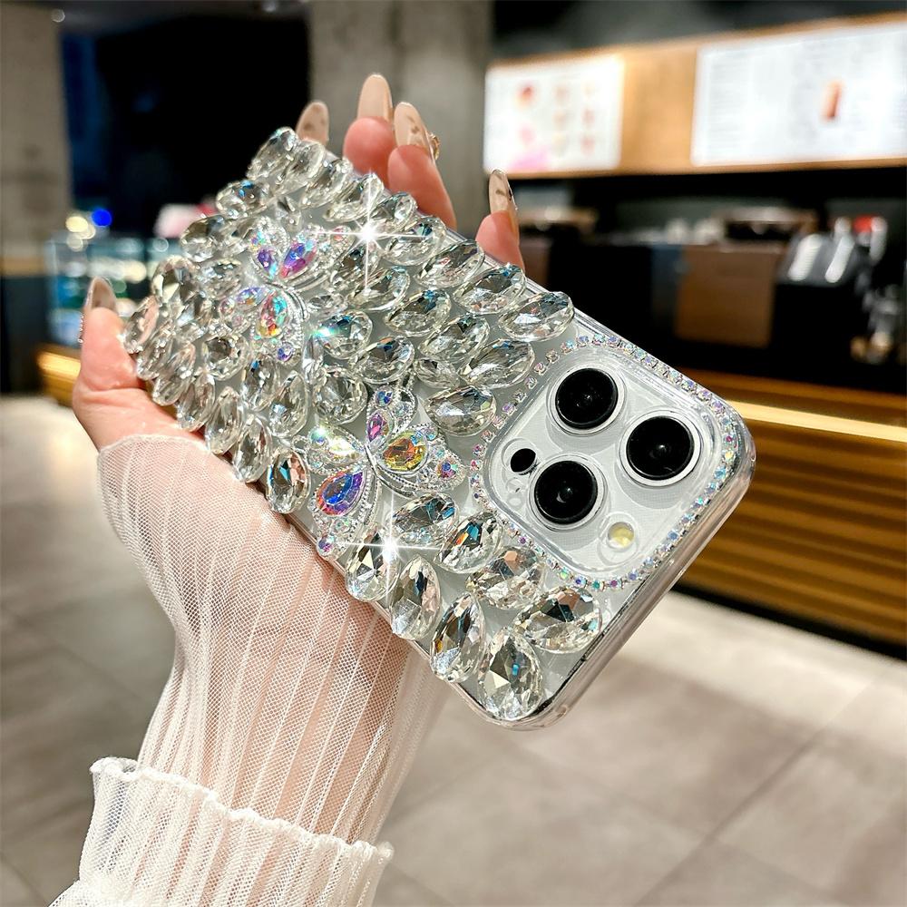 Luxury Glitter Rhinestone Butterfly Case for 17 Pro Max/16/15/14/13/12/11 Full Bling Diamond Cover Funda 15 Pro/14 Pro