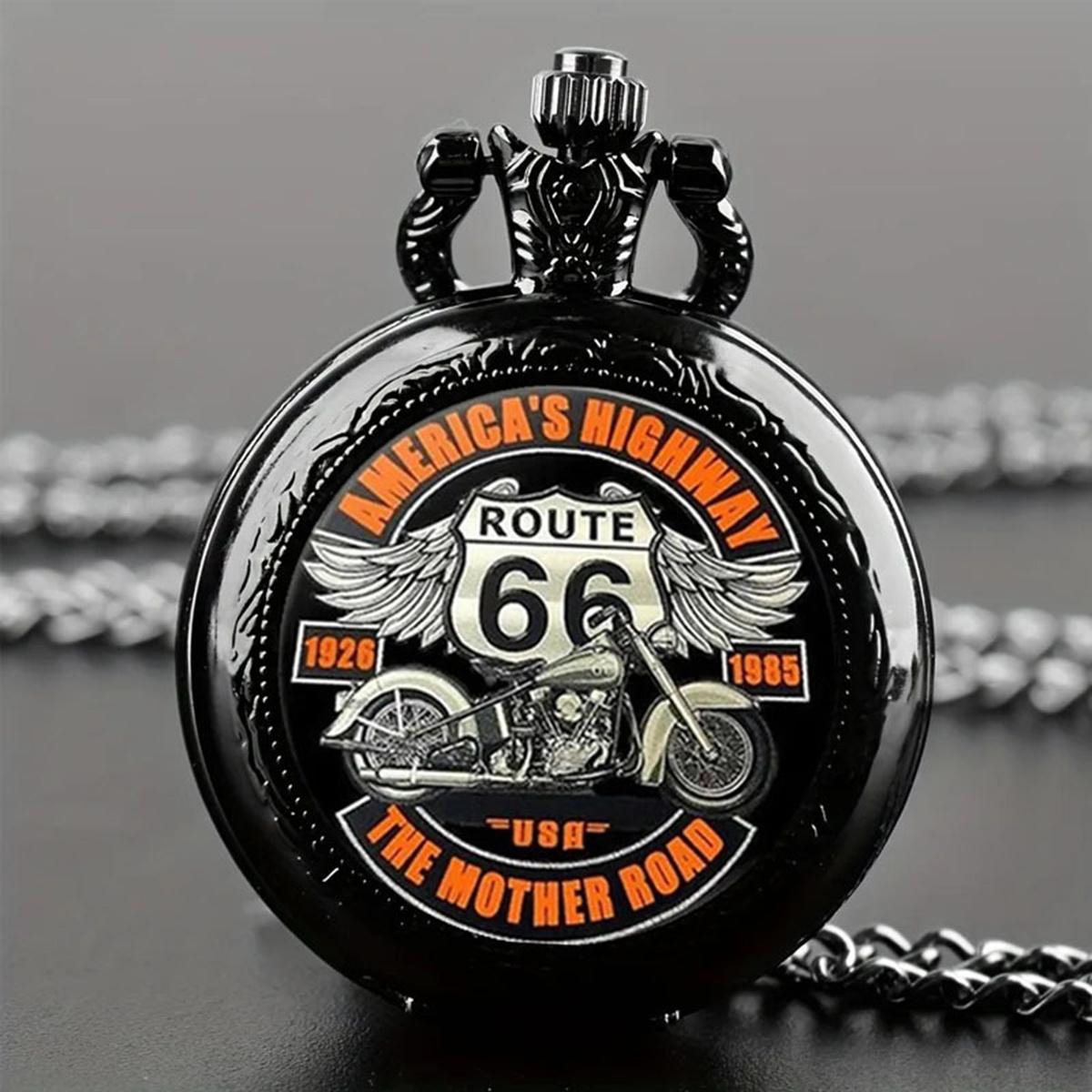 

Black pocket watch with retro circular mysterious cool motorcycle and forest pattern wild charming-quartz watch hanging chain