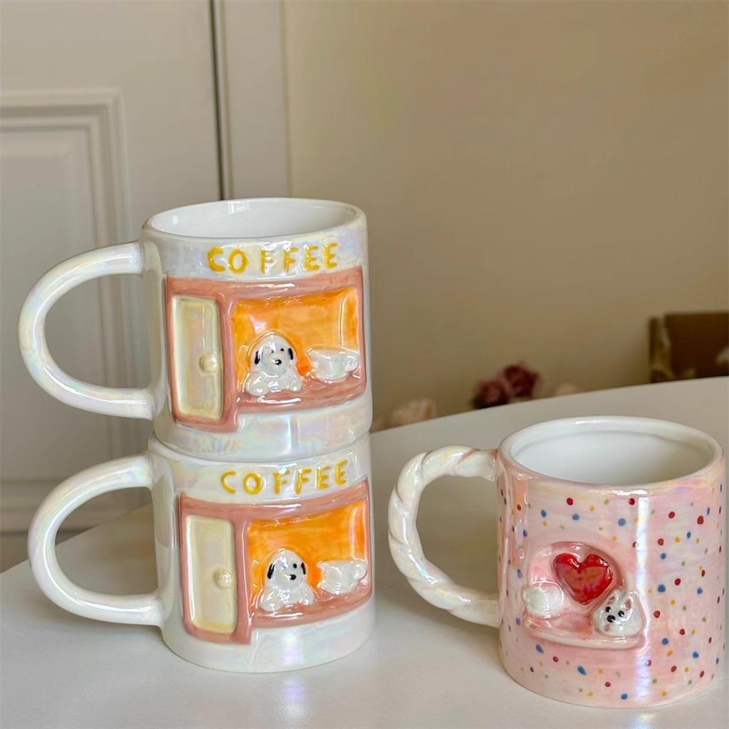 Niedlicher perlmuttfarbener geprägter Welpenbecher Mädchenhafter Herz-Look Keramiktasse Paar Frühstück Kaffeetasse Wasserbecher