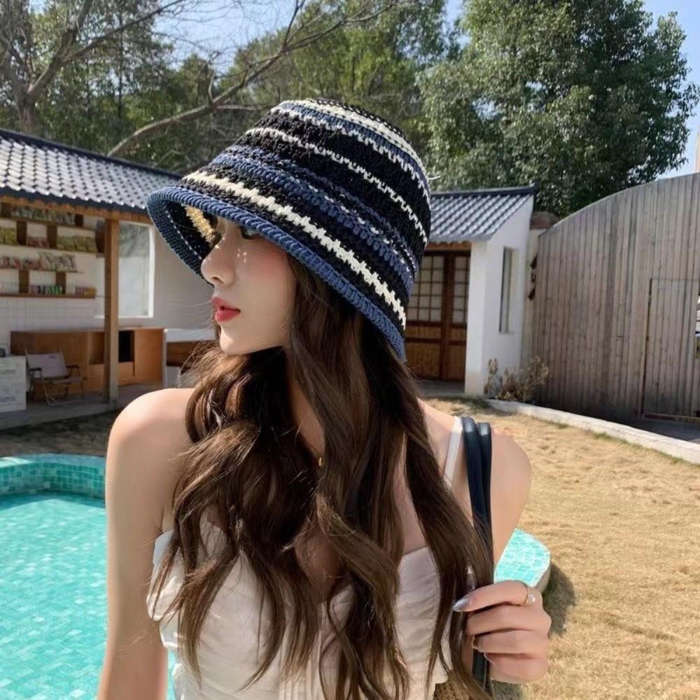 Stripe Knitted Bucket Hat Colorful Fisherman Hat Fashion Sunshade Basin Cap  Spring