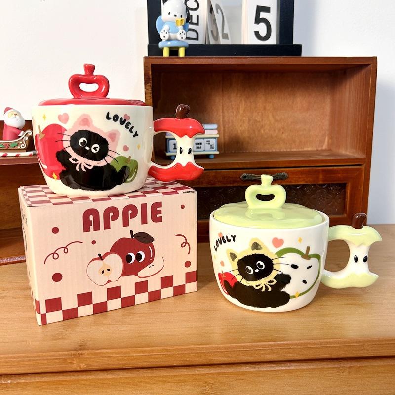 ספל חתול תפוח יצירתי עם מכסה, כוס קרמיקה חמודה בעלת ערך גבוה, ספל מזכרת, מתנה לחג המולד