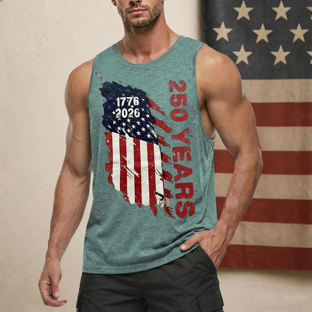 Men's Sleeveless Casual Tank Top Crew Neck Graphic Print 250 Years Independence Commemorative Design Lightweight Summer Shirt