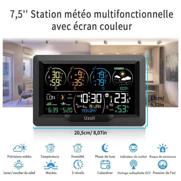 Station météo sans fil avec 3 capteur horloge numérique thermomètre hygromètre intérieur extérieur prévisions météo pression leve