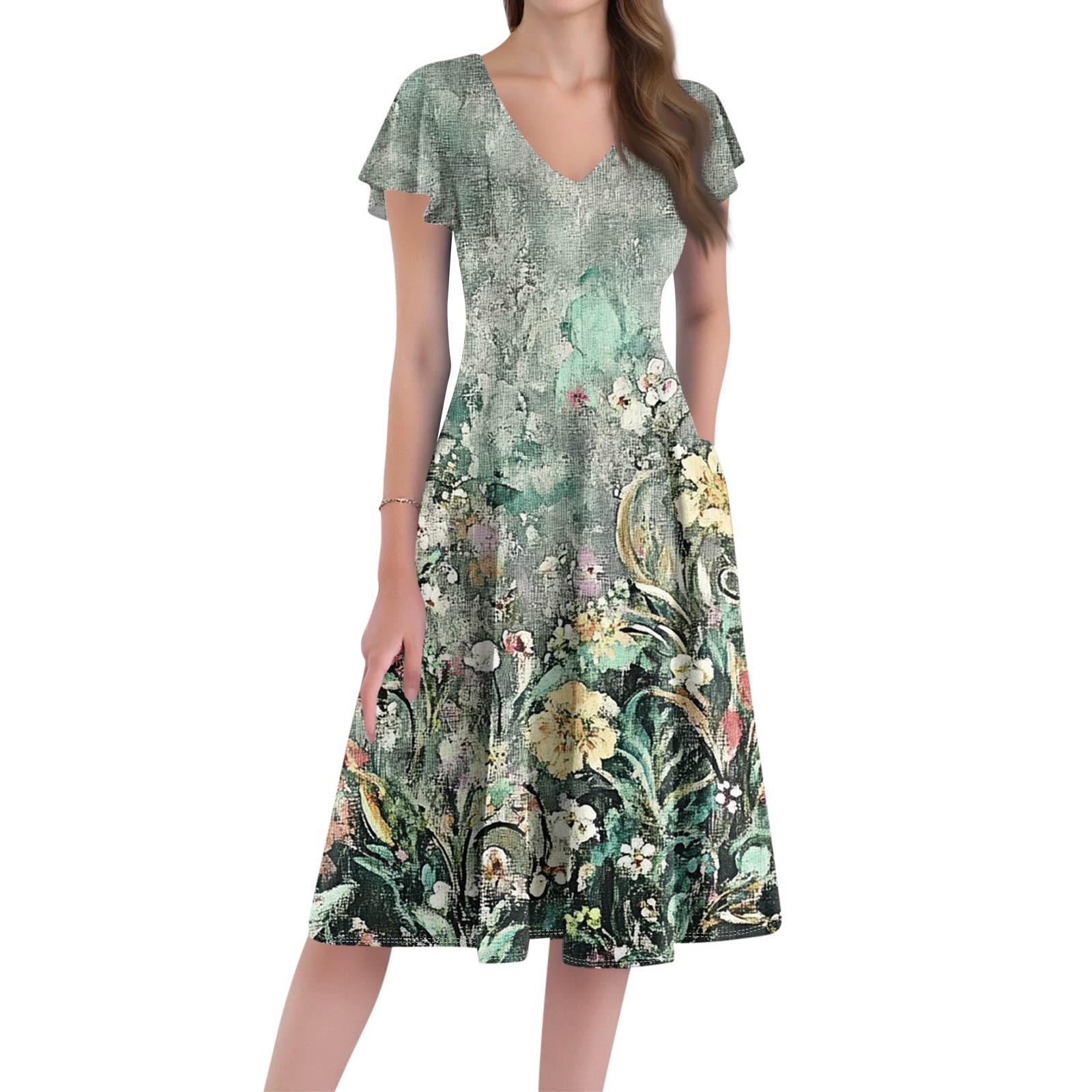 

Women s Loose Casual And Fashionable V-Neck Short Sleeved Print Mid Length Dress XL