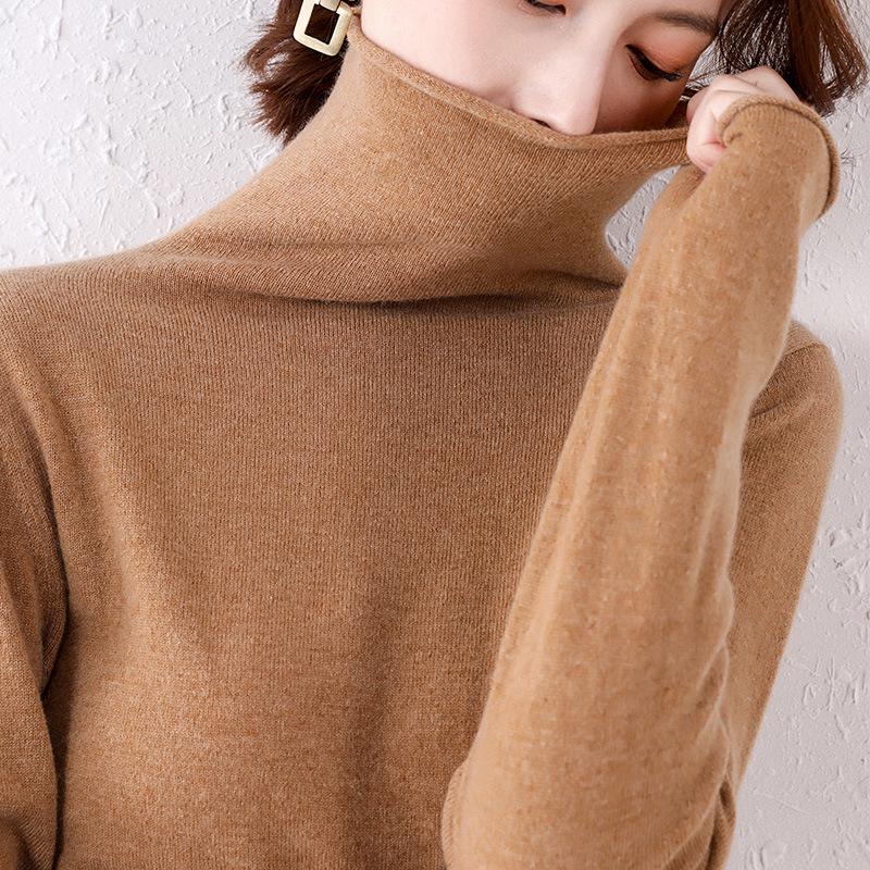 Women's High-Neck Solid Color Woolen Sweater - Slim Fit Knit Pullover for Autumn/Winter