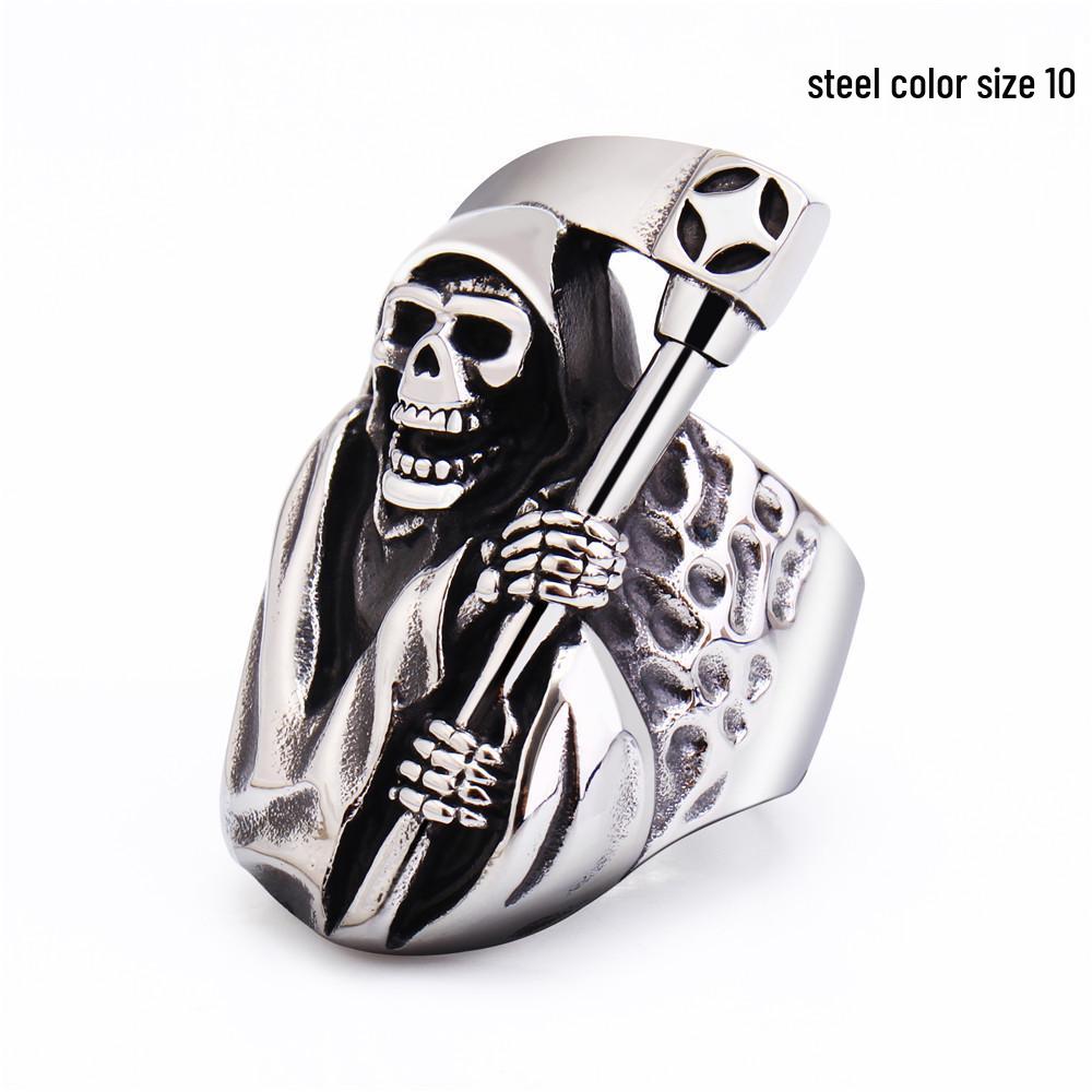 Men's Grim Reaper Scythe Skull Ring in Retro Titanium Steel