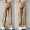 Damen-Cargohose, mittelhoher Bund, Knopfleiste, Reißverschluss, lässige Hose mit mehreren Taschen, gerades Bein, lockere Passform, einfarbig, lange Hose
