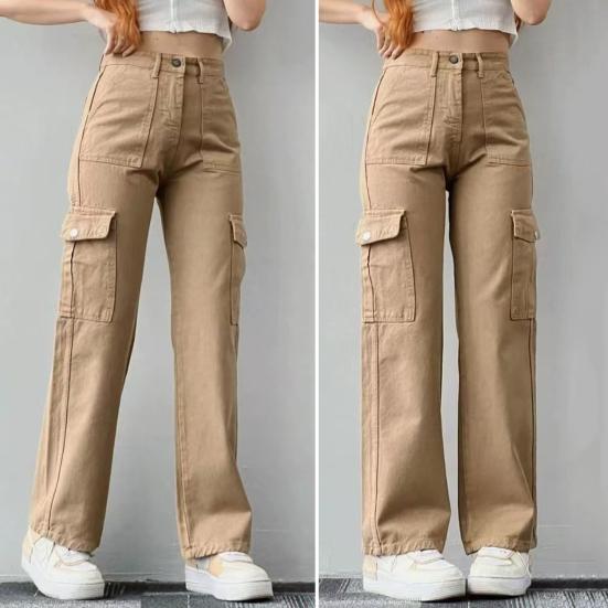 Damen-Cargohose, mittelhoher Bund, Knopfleiste, Reißverschluss, lässige Hose mit mehreren Taschen, gerades Bein, lockere Passform, einfarbig, lange Hose