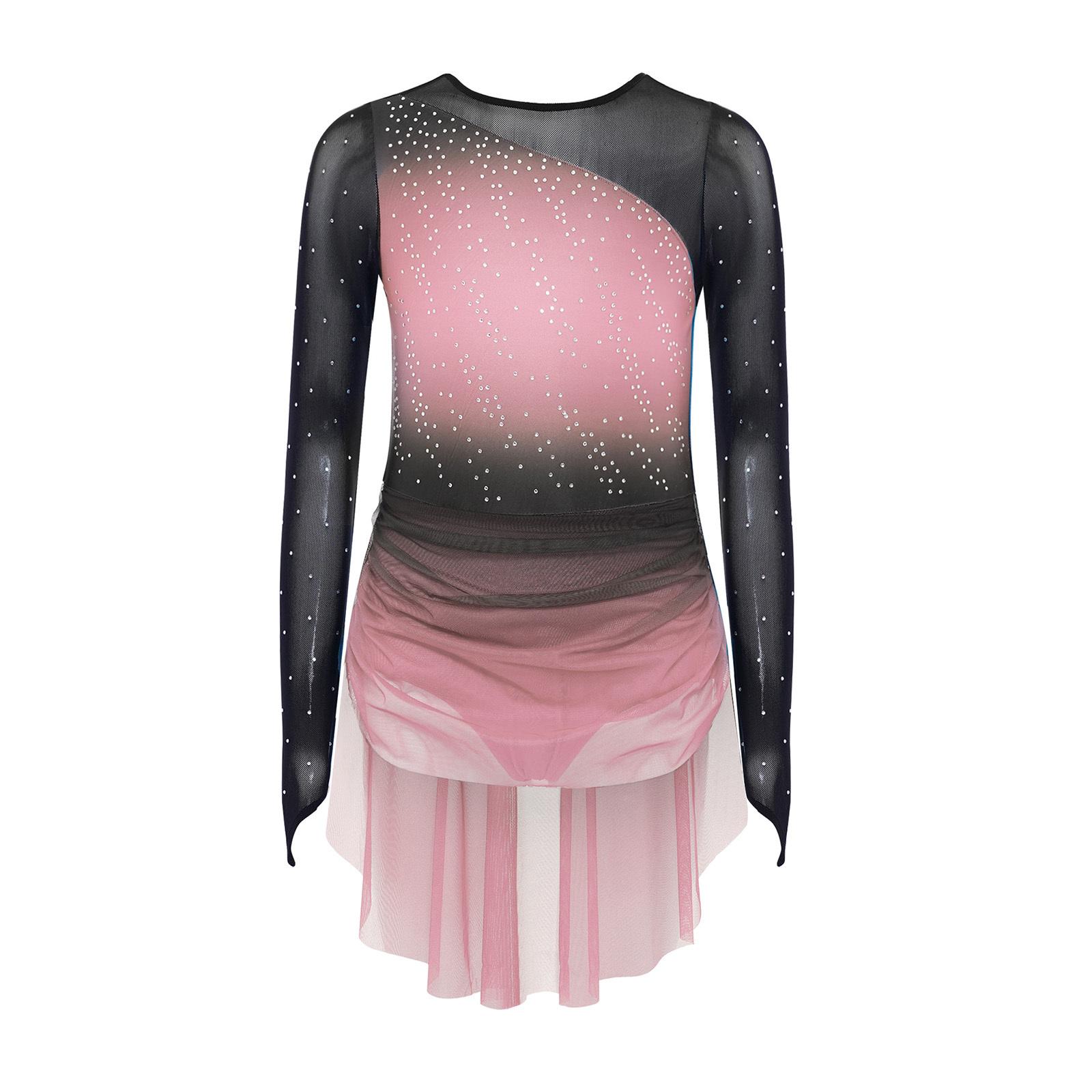 

Сукня для фігурного катання для дівчаток, з довгим рукавом, круглим вирізом, прозорою сітчастою вставкою, розшита блискучими стразами, з градієнтним кольором 11-12 Years рожевий