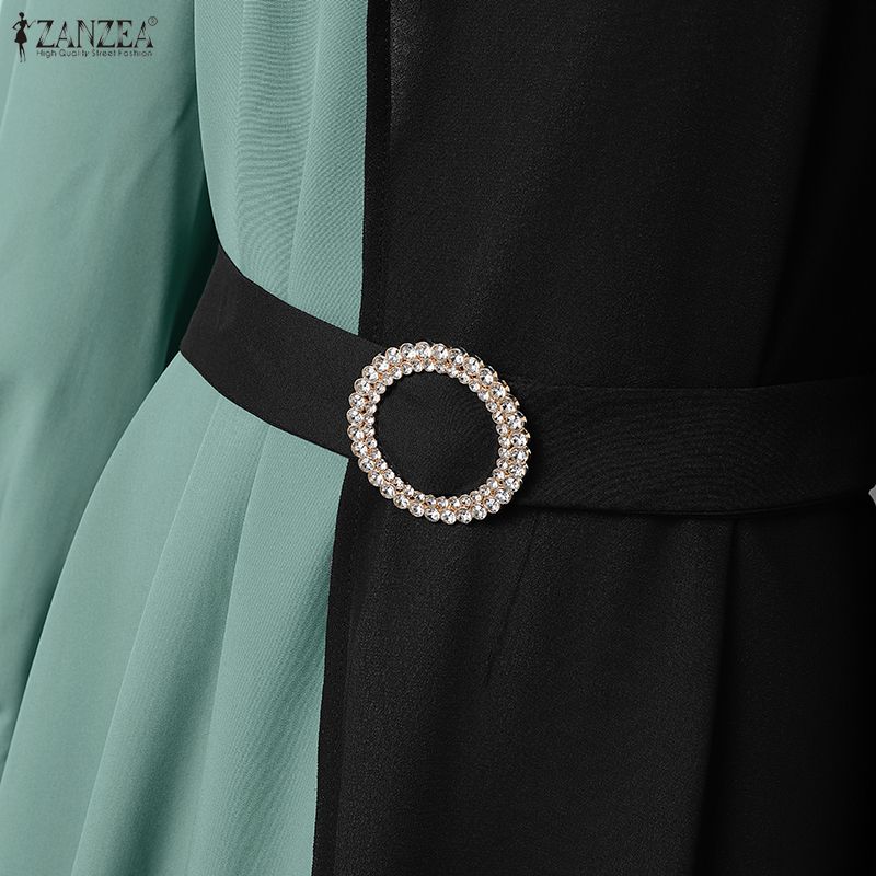 ZANZEA Damen Casual Rundhals Langarm Lose Patchwork Langes Kleid