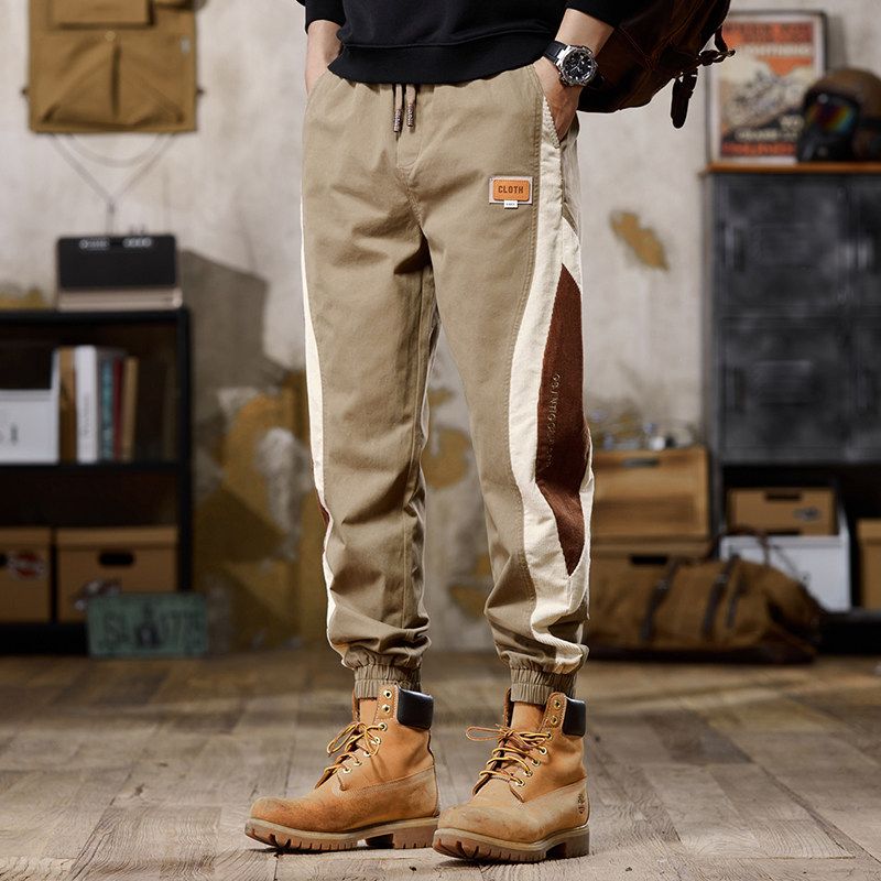 Foreign Trade Surplus American-Style Color-Blocked Casual Pants for Men, Spring and Autumn Loose Elastic Jogger Pants, Vintage Workwear Long Pants