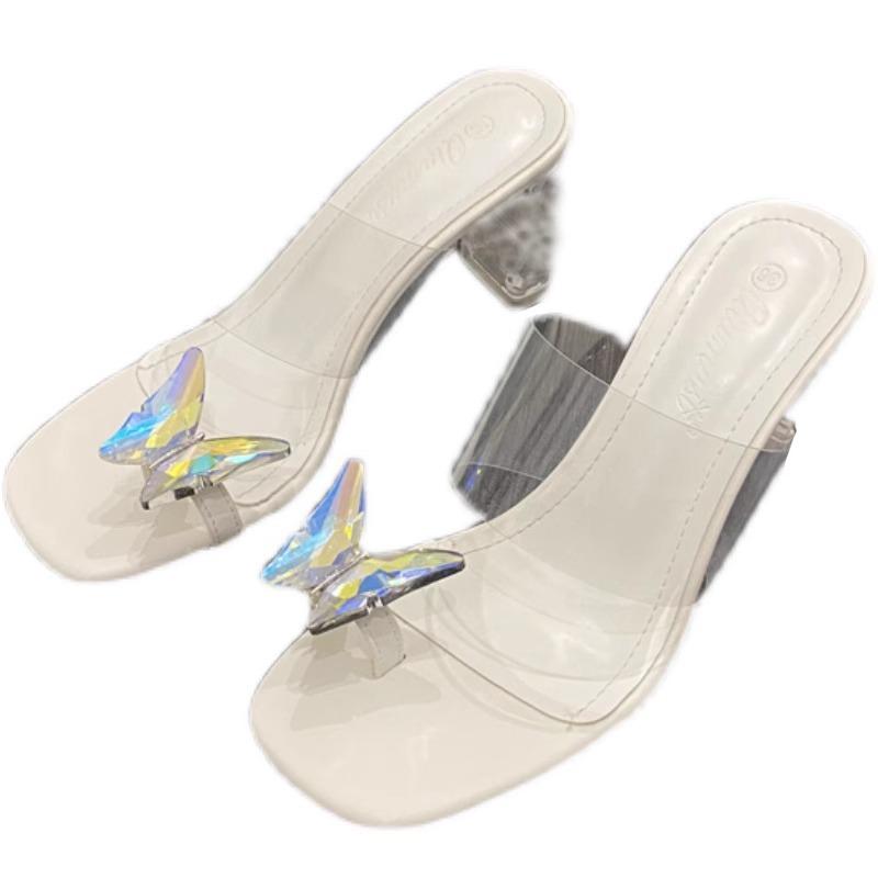 Transparente High Heels Damen Sommer 2025 neu Schleifenzehen Kristallabsatz eckige Spitze dicker Absatz Außenbekleidung coole Slipper