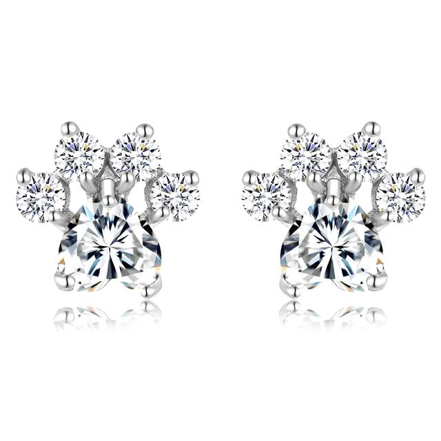 Cute Heart Cat Paw White Zircon Stud Earrings For Women Vintage Fashion Animal Footprint Crystal Stone Earrings Wedding Jewelry