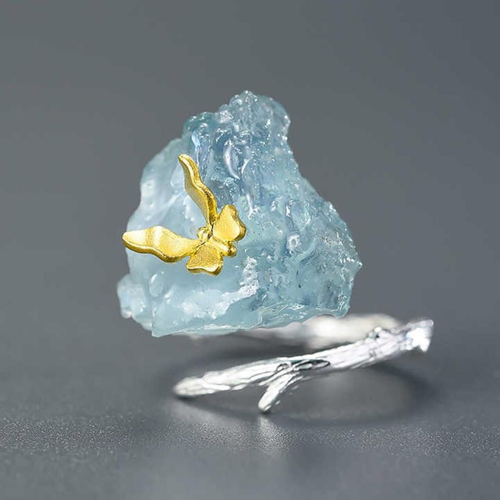 Adjustable Aquamarine Butterfly Ring with Big Gemstones Natural Stone Finger Jewelry Accessory for Elegant Women