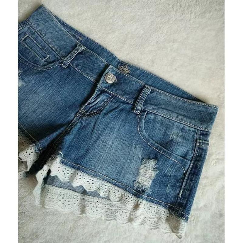 Women Slim Denim Shorts Stretch Lace Stitching Jeans Shorts Ladies Casual Regular Short