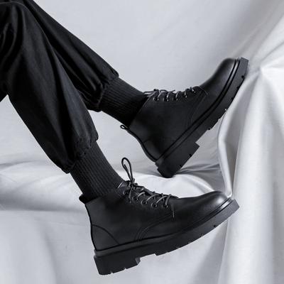 Black Mid-Top Martin Boots Men'S Handsome Autumn British Locomotive Ins Leather Shoes Hong Kong Style Couple Tooling Boots 86232-F