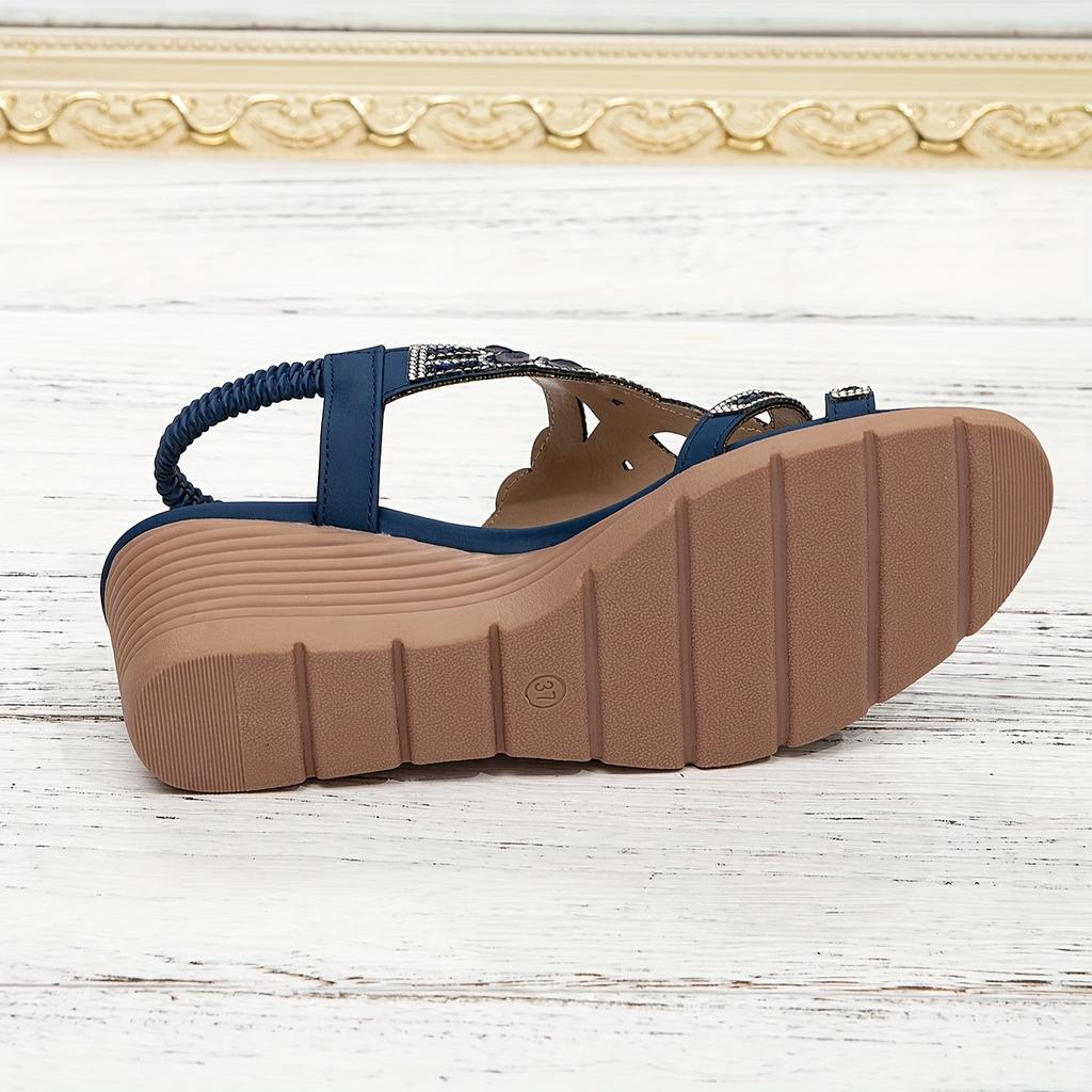 Zářivé pohodlí | Dámské klínkové sandály s kamínky v bohémském stylu, platformový podpatek s otevřenou špičkou a elastickým páskem, plážové sandály