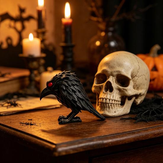 Gothic Crow Figurine, Resin Raven Statue with Red Eyes, Dark Raven Desktop Decorations, Halloween Ornaments Unique Goth Gifts