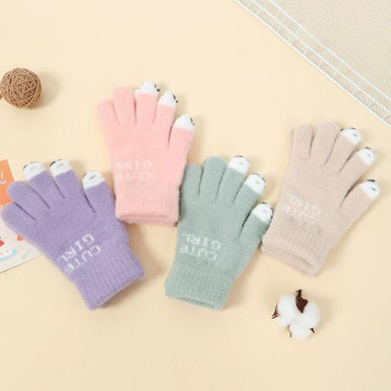 1 Pair Warm Plush Gloves Cutout Finger Tips Thick Plush Funny Cartoon Face Knitted Soft Elastic Anti-slip Warm Touch Screen Cycling Gloves