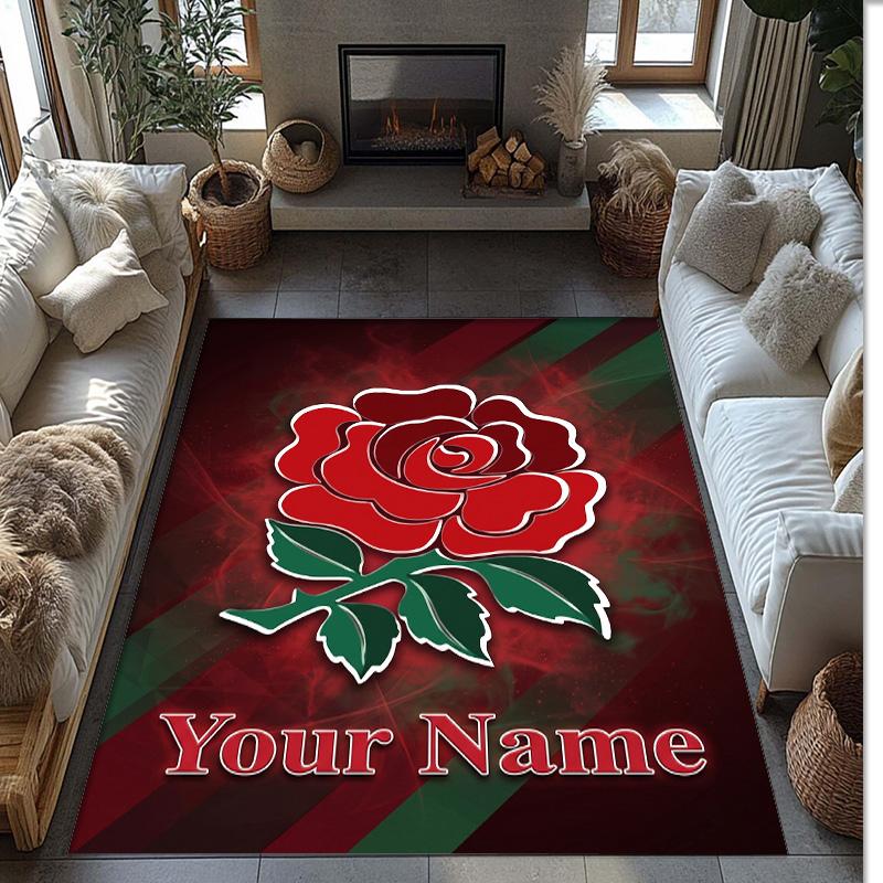 England Rugby Crystal Velvet Rug, Custom Name Text Personalized Non‑Slip Floor Mat for Home Decor Gift