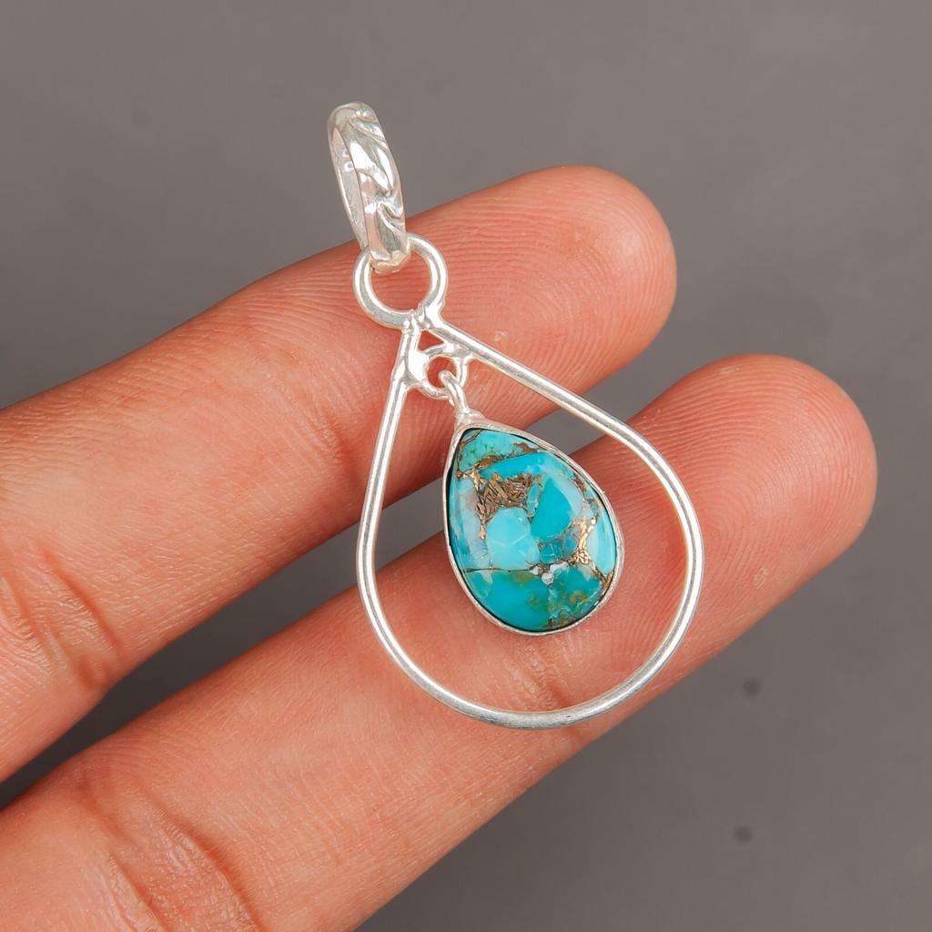 Blue Copper Turquois Gemstone 925 Sterling Silver Jewelry Handmade Pendant 1.60" PP-3-31