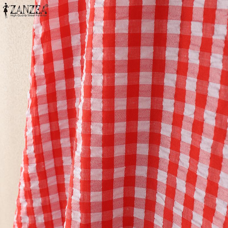 ZANZEA Women Square Collar Summer Loose Casual Sleeveless Plaid Print Dress