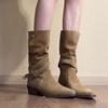 Lan Cabinet Home~ Retro Maillard Style Fold Two Wear Short Boots Women's Thick Heel Skinny Belt Buckle Western Cowboy Boots