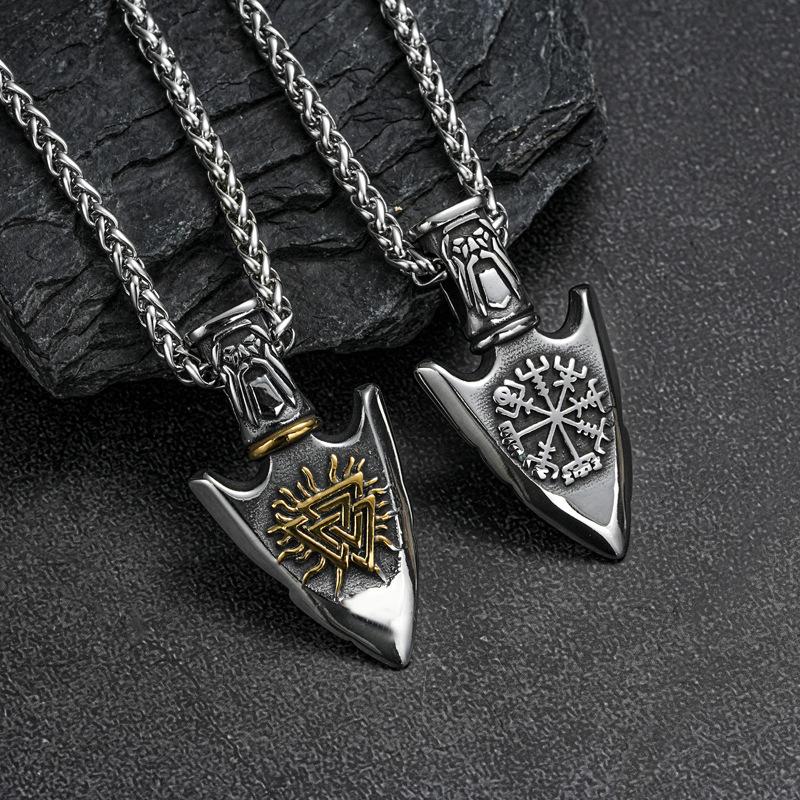 Vintage Stainless Steel Viking Arrow Pendant Necklace Men Odin Compass Jewelry Accessories