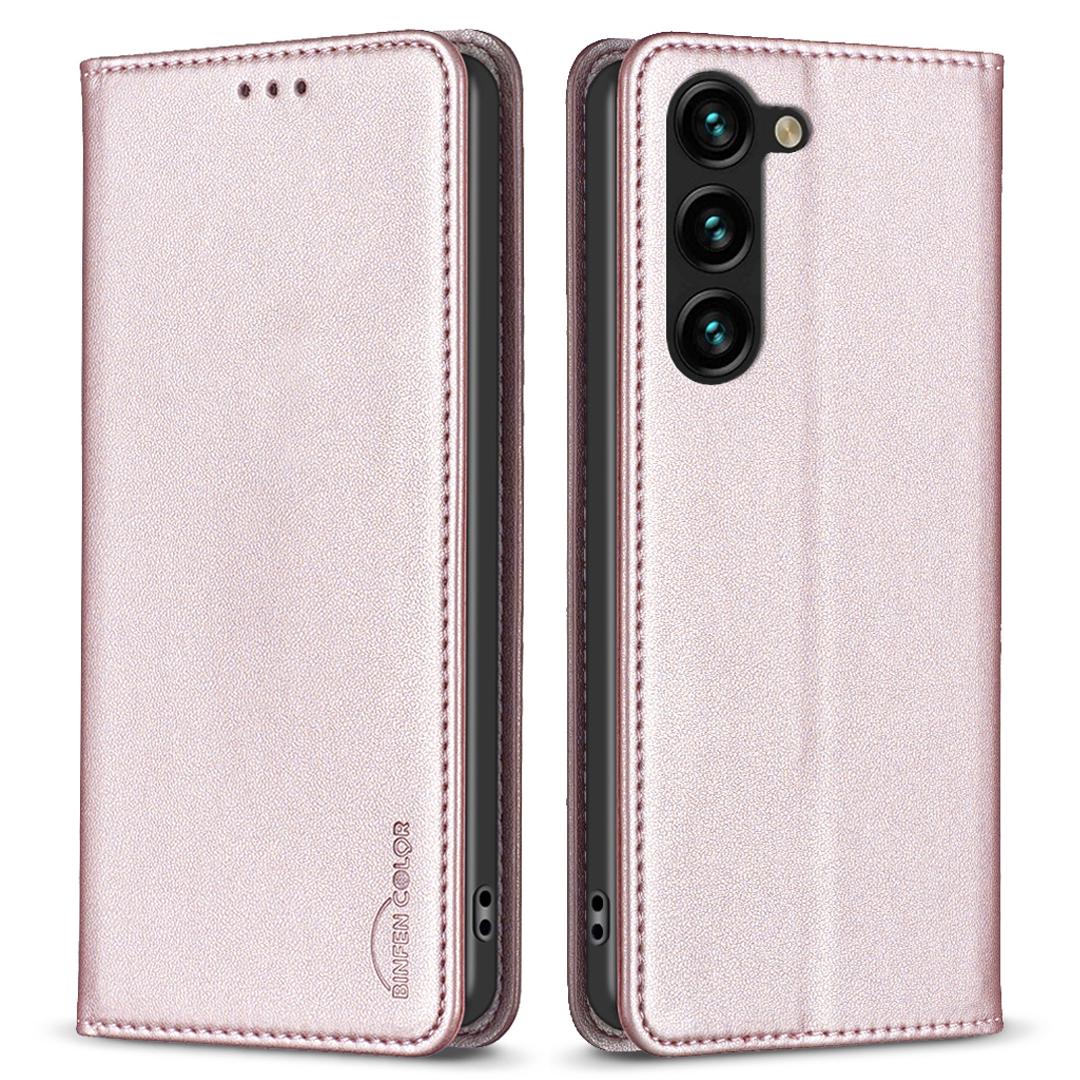 

BINFEN COLOR BF18 For Samsung Galaxy S23 PU Leather Phone Case Card Slots Stand Folio Flip Cover Rose Gold