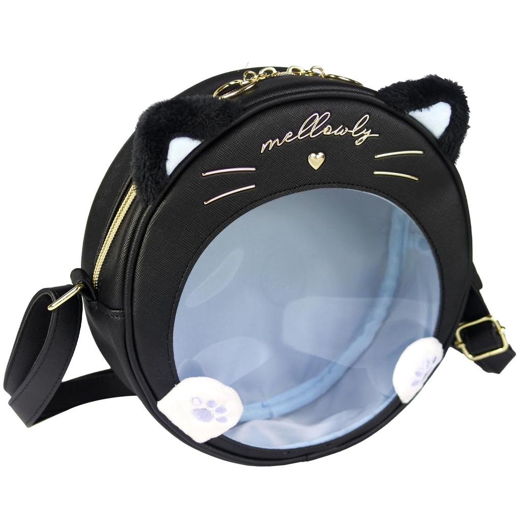 Cat Face Round Shoulder Cat Paw Print Cat Perfect for Outings [anilet+] Bag, Black, Design, Clear, Girls' Pouch, Gift,