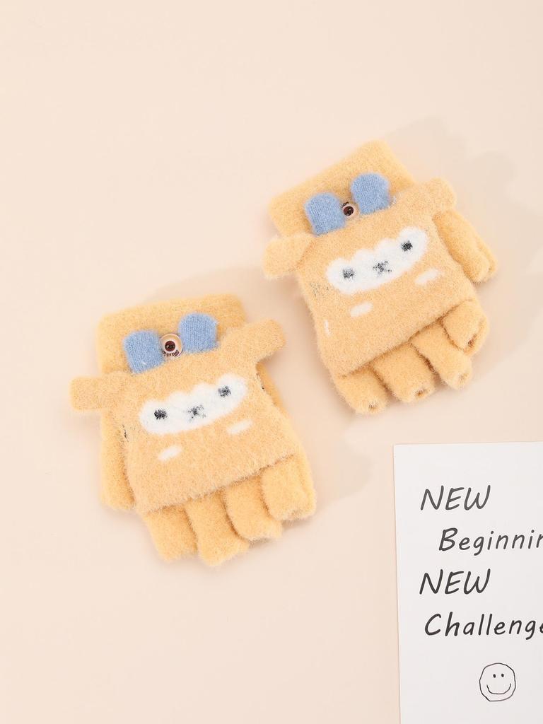 New Little Sheep Cartoon Kids Convertible Warm Wool Gloves - Half-Finger Design, Thick and Cozy for Children