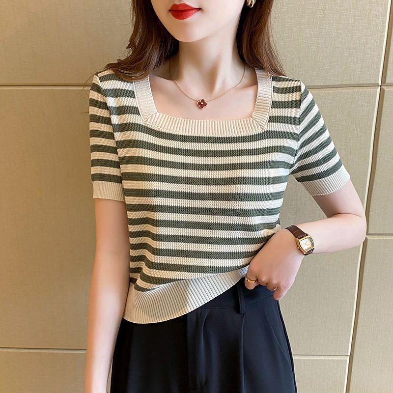 Women's Ice Silk Striped Square-Neck T-Shirt - Summer 2026 Collection