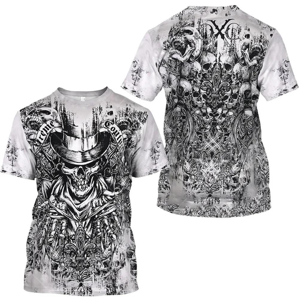 Vintage Cross Skull 3D Harajuku Print Ghost Men's Round Neck Short Sleeve Cool Fashion Casual Oversized Top Hip Hop New