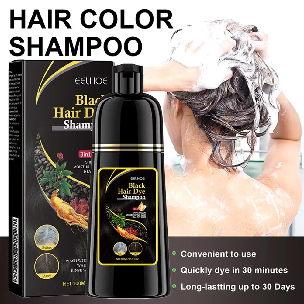 EELHOE Schwarzes Haarfärbeshampoo, 3-in-1, Wachstum, sauberes Haar, Verdunkelung, tiefenwirksame Pflege, schwarzes Haarfärbeshampoo, natürliche organische Kräuter