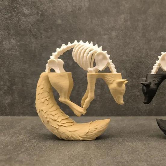 3D Printed Fox Ornament Half Skeleton Half Flesh Curled-up Fox Figurine Artistic Fox Statue Collectible for Table Shelf Decoration