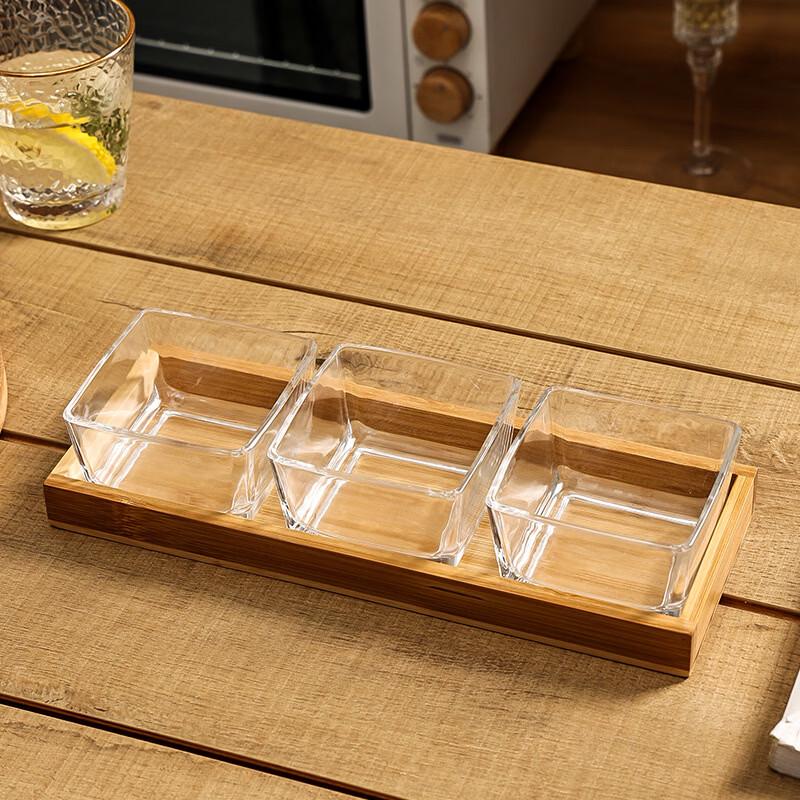 Ruhan 3-Compartment Glass Serving Tray with Bamboo Stand