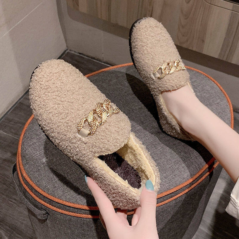 Autumn and winter fluffy shoes women's winter round head cute Doudou shoes warm plush flats pregnant women sweet single shoes women