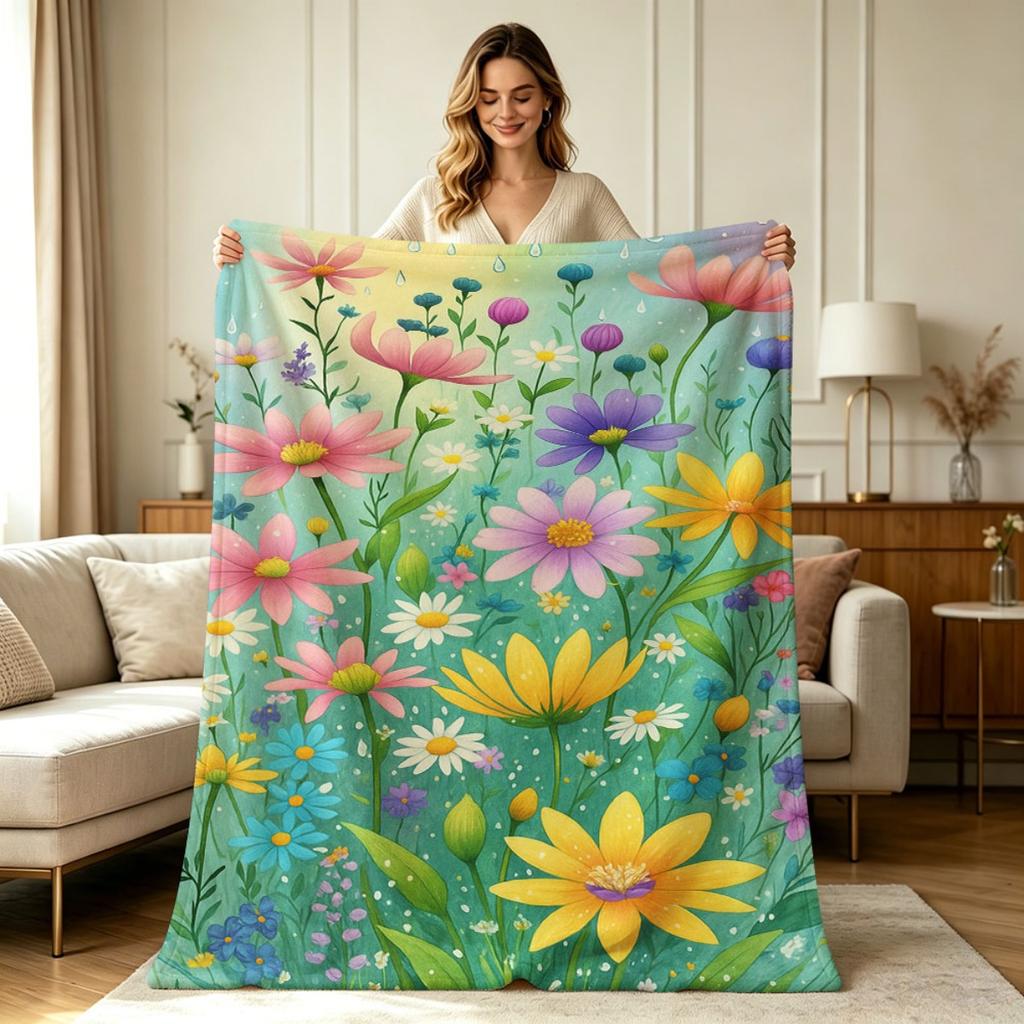 Soft Flannel Blanket with Colorful Wild Flower Raindrop Print All Season Warm Cozy Throw Blanket for Couch Sofa Bed Office Living Room Home Decor
