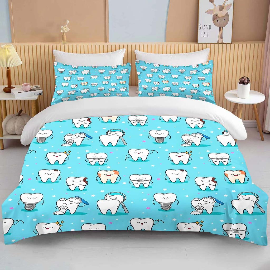 Niedliches Cartoon-Zähne-Druck Bettwäscheset Bettbezug 1 Bettbezug 2 Kissenbezüge Bettwäscheset für Erwachsene und Kinder Luxus-Bettüberwurf-Set