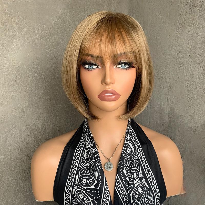 Short Straight White Bob Wigs Women Golden Brown Synthetic Natural Hair with Bangs Heat Resistant Fibre Cosplay Daily Use