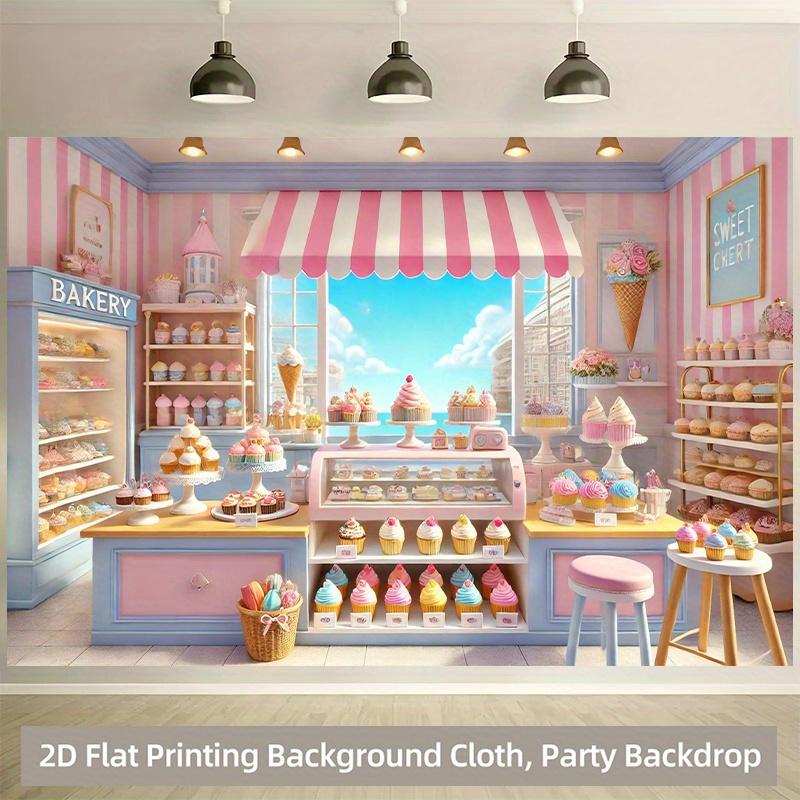 2D plane 1 piece. In the dreamy dessert shop there are many delicious polyester background banners.