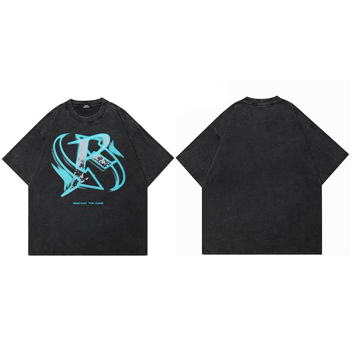 

Hip Hop Streetwear Men TShirt Oversized Restart Letter Graphic T Shirt Vintage Washed Black Tshirt Cotton Unisex Tops Tees S