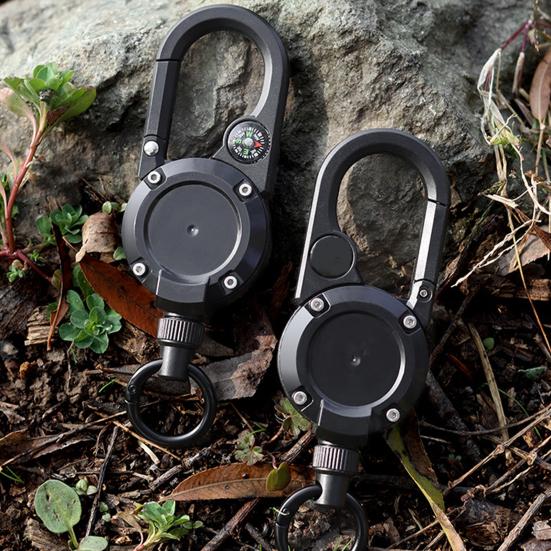 Retractable Keychain with Compass Steel Wire Carabiner Badge Reel Holder Clip Key Ring Heavy Duty Outdoor Camping Climbing Anti-lost Buckle