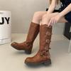 Fashion 2024 New Women's Leather Boots Brown Knee-high Boots Retro Women's Chunky Heels Square Toe Shoes Women Fashion Knight Boots  Q62