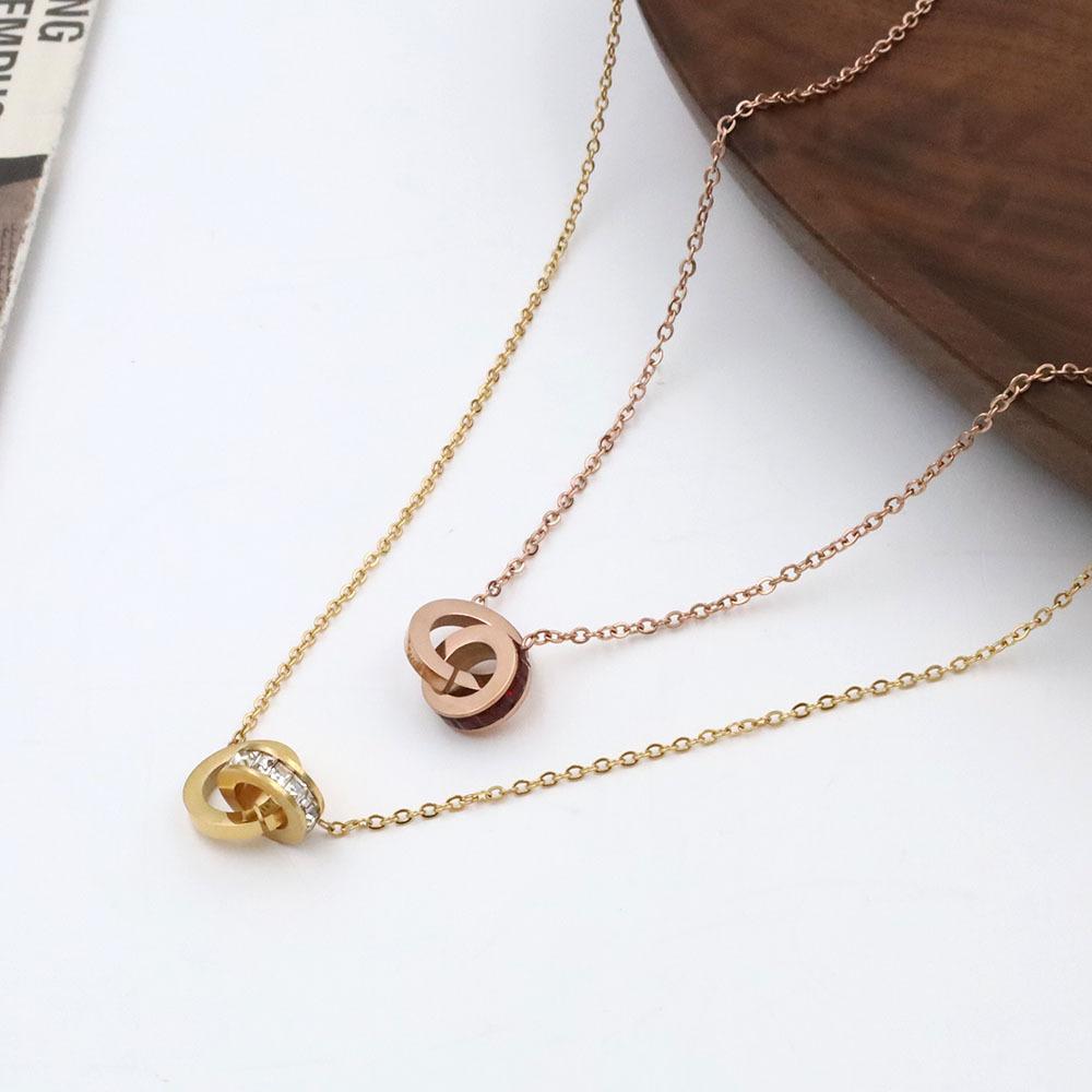 The Same Fashionable Double-Ring Zircon Pendant Necklace Accessories Versatile Niche Titanium Steel Non-Fading Jewelry Collarbone Chain