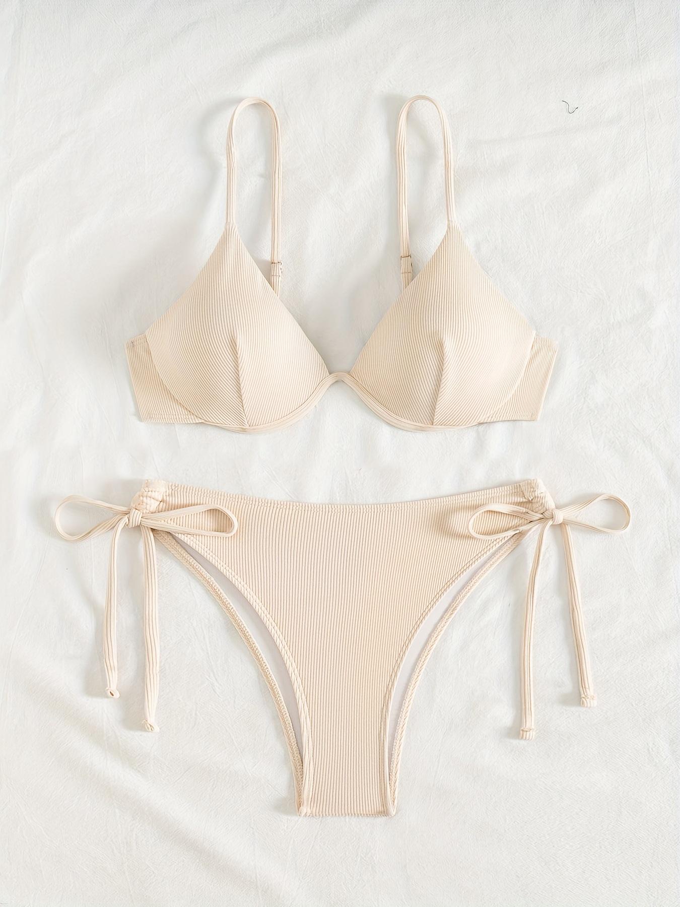 

Трендовое европейское и американское кружевное бикини 2024 года: Сексуальная открытая спина, однотонный цвет, раздельная стальная поддержка для женских купальников Medium кремовый