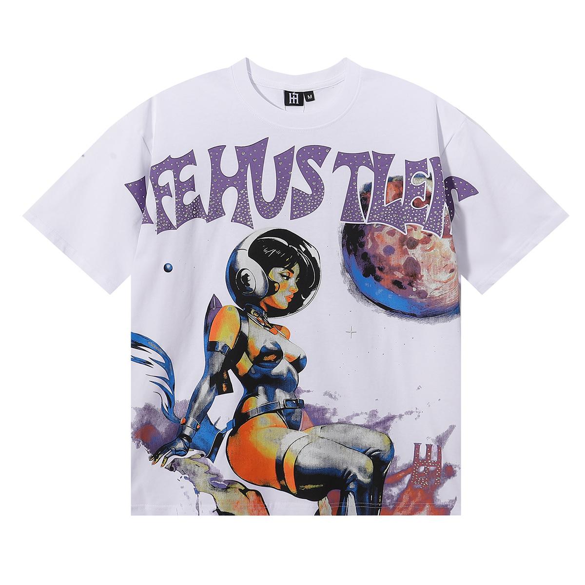 2026 Summer Unisex Space Astronaut Girl Rhinestone Graphic Cotton T-Shirt Cyberpunk Hustler Streetwear Short Sleeve Tee Men Women S