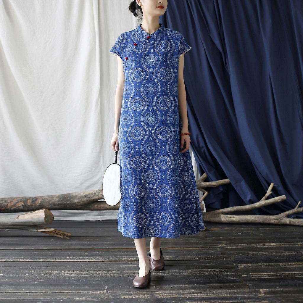 Johnature Vintage Print Floral Dress Stand Short Sleeve Chinese Summer Blue A-Line Button Dress
